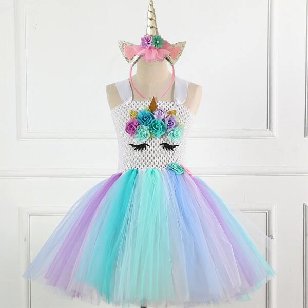 

Toddler Girls Unicorn Pattern Appliques Gown Dress & Headband, Multicolor