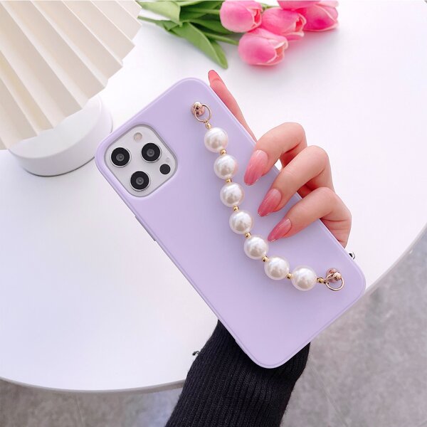

Faux Pearl Hand Strap Phone Case, Purple