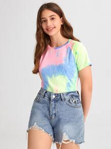 SHEIN Teen Girls Raglan Sleeve Tie Dye Tee - Multicolor - View 3