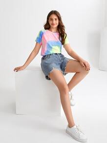 SHEIN Teen Girls Raglan Sleeve Tie Dye Tee - Multicolor - View 5