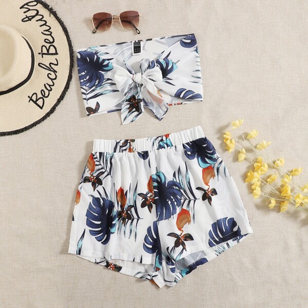 

Tie Front Tropical Print Tube Top & Shorts Set, Multicolor