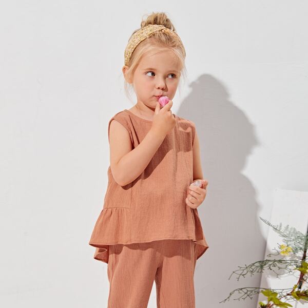 

Toddler Girls Button Back Ruffle High-low Hem Tank Top, Coral orange
