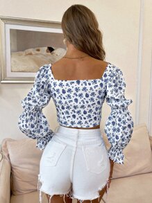 SHEIN Frenchy Áo sơ mi Xù Họa tiết hoa Boho - Xanh và trắng - Xem 2