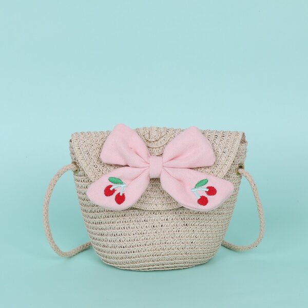 

Girls Bow Decor Straw Bag, Beige