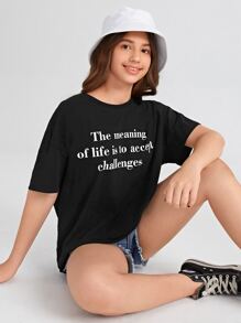 SHEIN Teen Girls Drop Shoulder Slogan Graphic Tee - Black - View 2