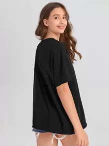 SHEIN Teen Girls Drop Shoulder Slogan Graphic Tee - Black - View 3