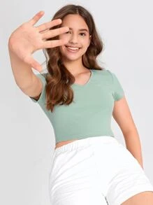 SHEIN 青少年女孩V領羅紋針織短版T恤 - 薄荷綠 - 查看 1
