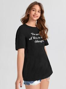 SHEIN Teen Girls Drop Shoulder Slogan Graphic Tee - Black - View 4