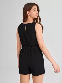 SHEIN Teen Girls Button Front Belted Romper - Black - View 2