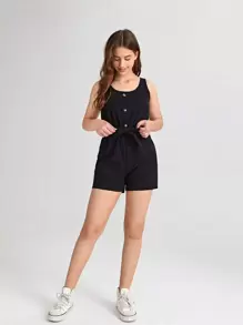 SHEIN Teen Girls Button Front Belted Romper - Black - View 4