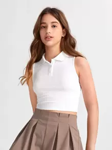SHEIN Leap Crew Teen Girls Button Half Placket Rib-knit Crop Tank Top - White - View 1