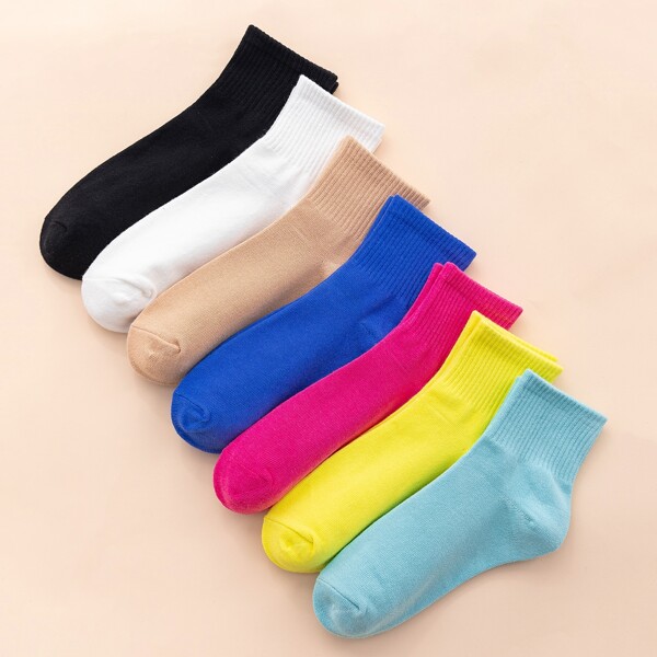 

7pairs Simple Solid Socks, Multicolor