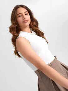 SHEIN Leap Crew Teen Girls Button Half Placket Rib-knit Crop Tank Top - White - View 5