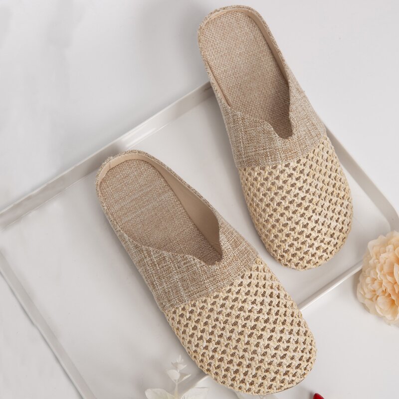 

Hollow Out Straw Flat Mules, Beige