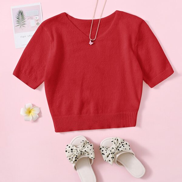 

Girls Solid V Neck Knit Top, Red