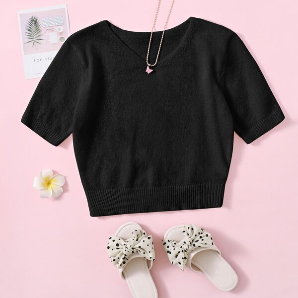 

Girls Solid V Neck Knit Top, Black