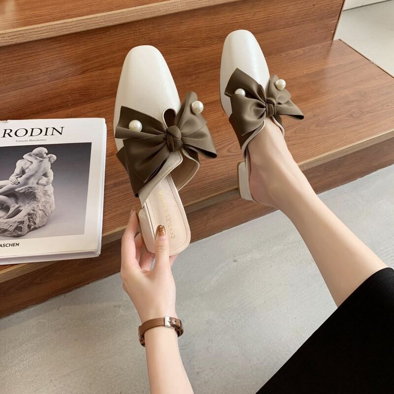 

Faux Pearl Bow Flat Mules, Beige