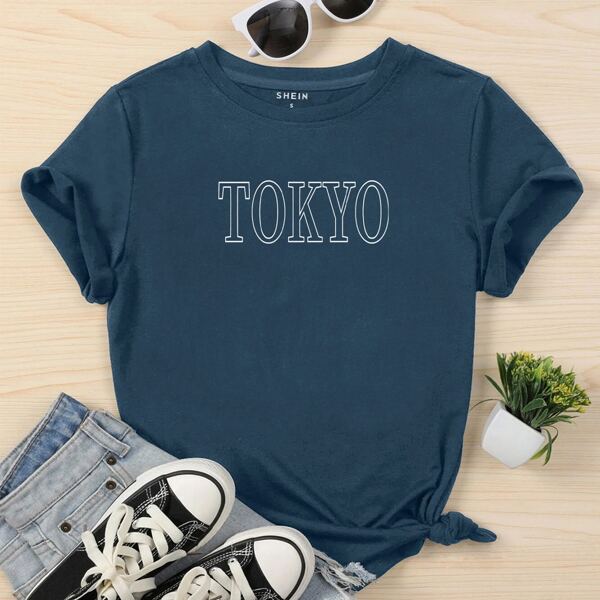 

Letter Graphic Crew Neck Tee, Navy blue