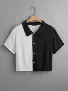 SHEIN EZwear 大碼拼色紐扣襯衫 - 黑與白 - 查看 1