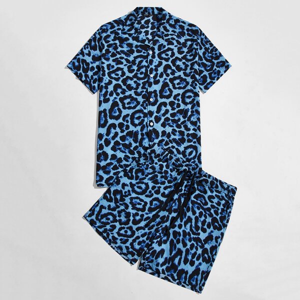 

Men Revere Collar Leopard Shirt & Shorts Set, Multicolor