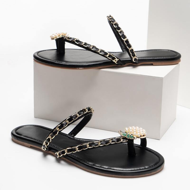 

Faux Pearl Pineapple Chain Strap Slide Sandals, Black