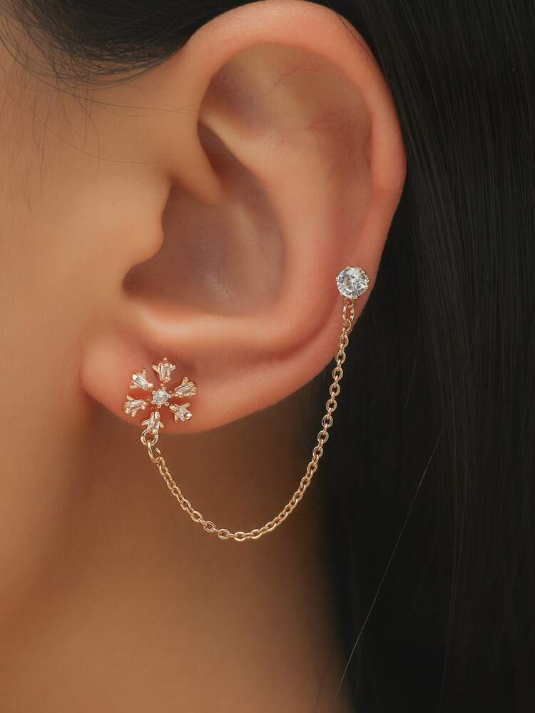 Set Of 2 Asymmetrical Copper Earring With Zirconia Flower And Butterfly Embellishment Valentines,Mom,Mother,Mother's Day,Gift