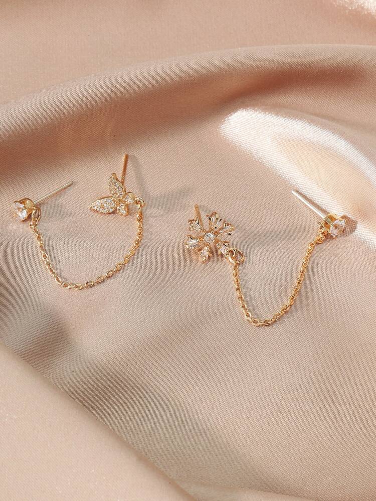 Set Of 2 Asymmetrical Copper Earring With Zirconia Flower And Butterfly Embellishment Valentines,Mom,Mother,Mother's Day,Gift