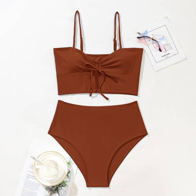 

Tie Front High Waisted Bikini Swimsuit, Khaki