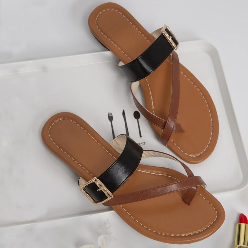 

Buckle Strap Toe Post Slide Sandals, Black