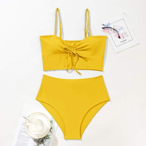 

Tie Front High Waisted Bikini Swimsuit, Yellow