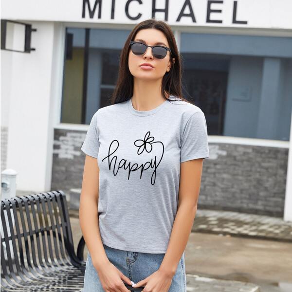 

Letter & Floral Print Tee, Light grey