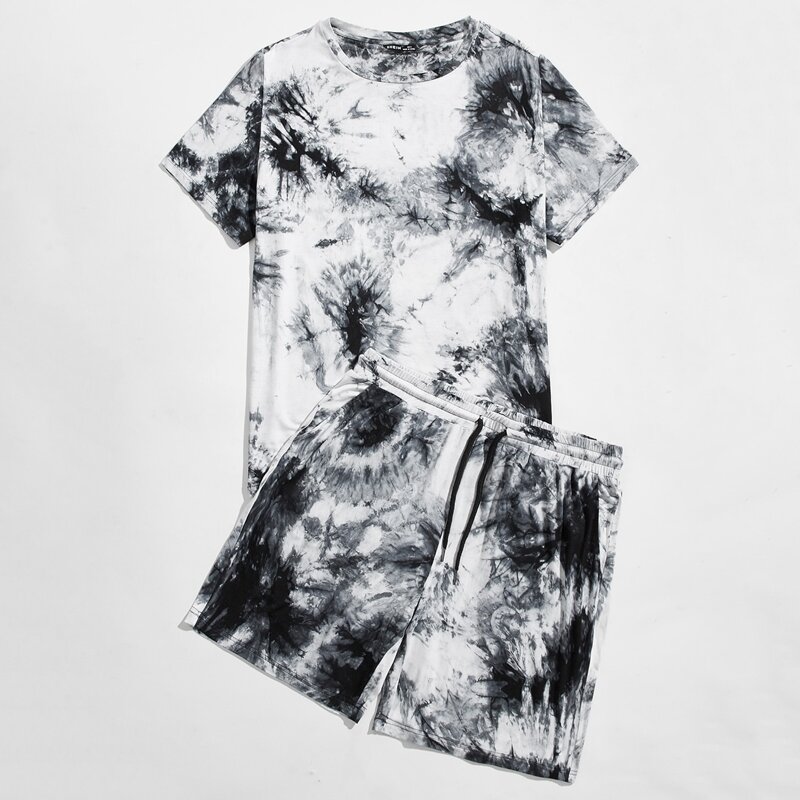 

Guys Tie Dye Top & Drawstring Waist Shorts Set, Black and white