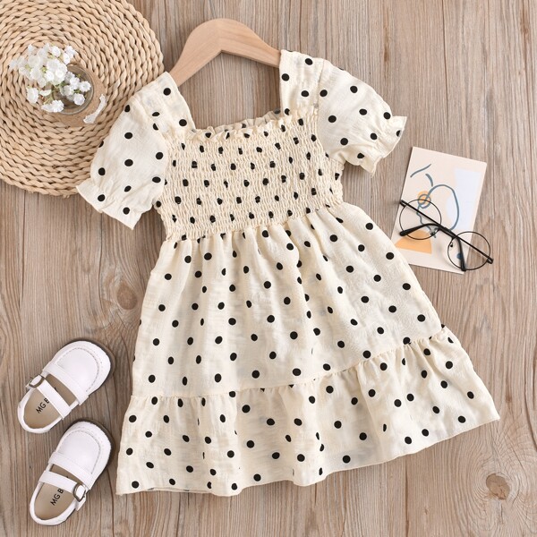 

Toddler Girls Polka Dot Shirred Ruffle Hem Dress, Beige