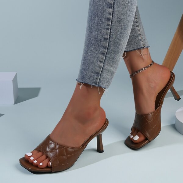 

Quilted Stiletto Heeled Mule Sandals, Brown