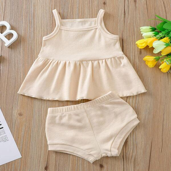 

Baby Girl Ruffle Hem Cami Top With Shorts, Beige