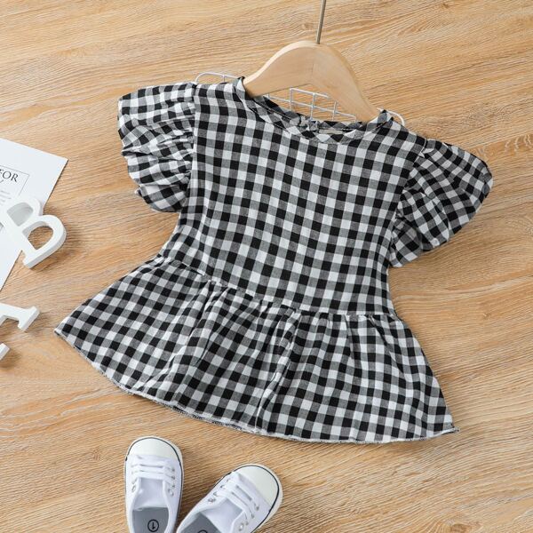 

Toddler Girls Gingham Peplum Blouse, Black and white