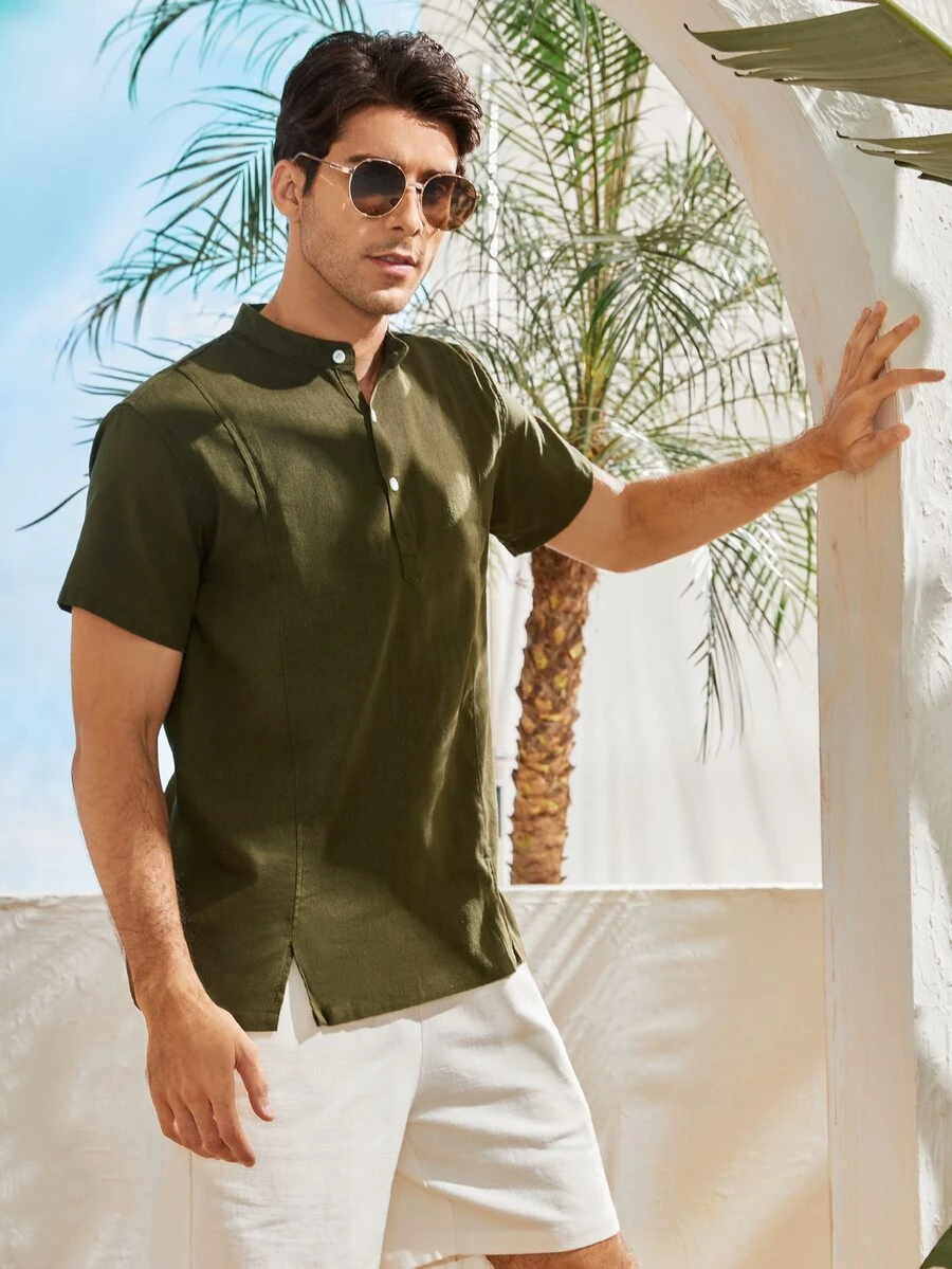 Manfinity Camisa bajo con abertura con botón - Verde militar - Ver 1