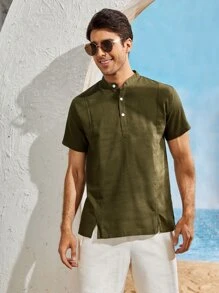 Manfinity Camisa bajo con abertura con botón - Verde militar - Ver 4