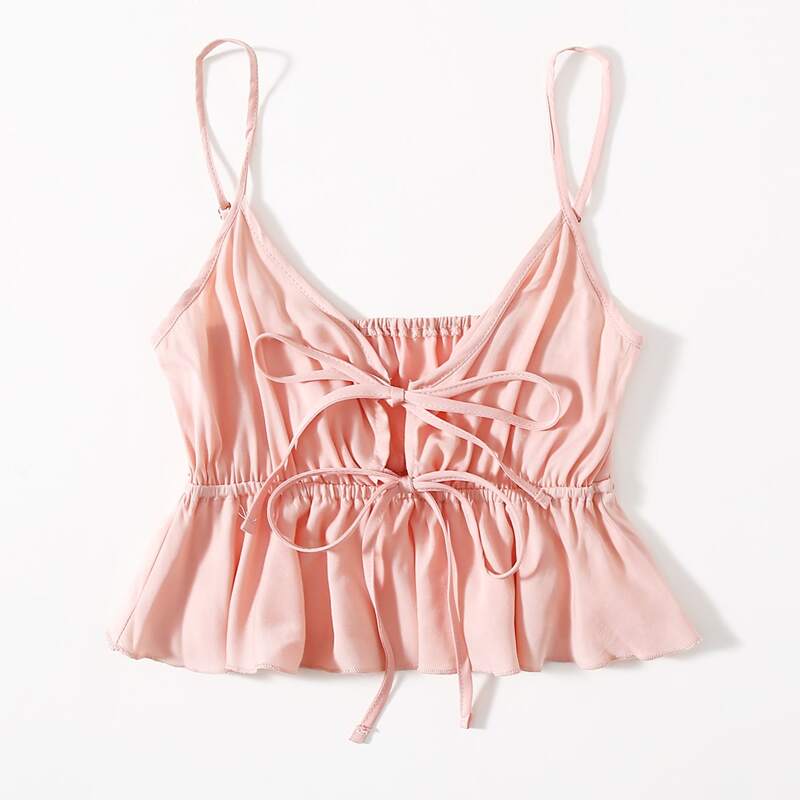 

Solid Tie Front Peplum Cami, Coral pink