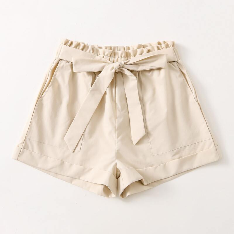 

Solid Belted Cuffed Shorts, Beige