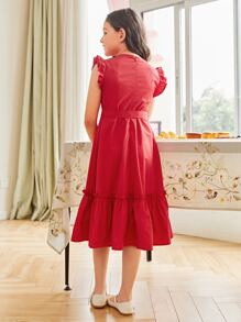 SHEIN Girls 1PC Ruffle Armhole Flounce Hem Belted Dress - Burgundy - View 2
