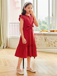 SHEIN Girls 1PC Ruffle Armhole Flounce Hem Belted Dress - Burgundy - View 1