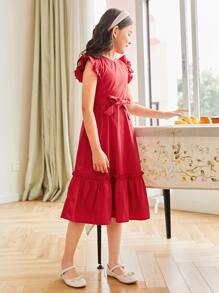 SHEIN Girls 1PC Ruffle Armhole Flounce Hem Belted Dress - Burgundy - View 4