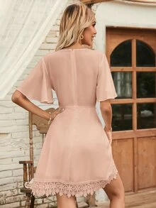 V-neck Contrast Lace A-line Dress - Baby Pink - View 2