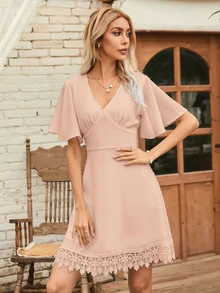 V-neck Contrast Lace A-line Dress - Baby Pink - View 3