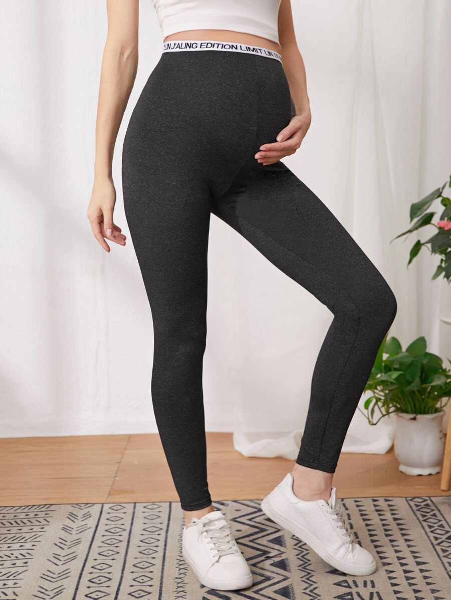 SHEIN 孕婦裝字母圖案細帶緊身褲 - 黑色 - 查看 1