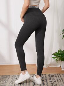 SHEIN 孕婦裝字母圖案細帶緊身褲 - 黑色 - 查看 2