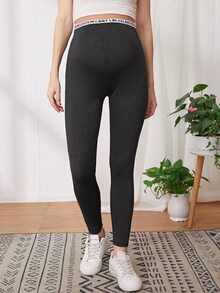 SHEIN 孕婦裝字母圖案細帶緊身褲 - 黑色 - 查看 3