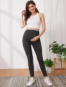 SHEIN 孕婦裝字母圖案細帶緊身褲 - 黑色 - 查看 4