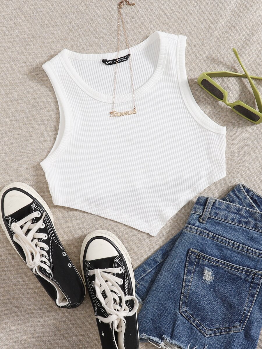SHEIN EZwear Asymmetrical Hem Rib-knit Crop Tank Top - White - View 1